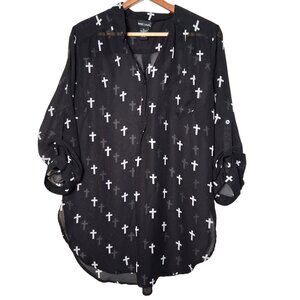 Wet Seal Holy Cross Blouse XL Black Sheer Roll Tab Sleeve Emo Goth Religious